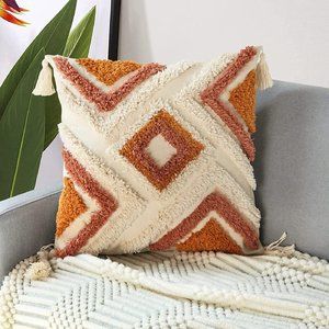 Bohemian Pink/Orange Tassel Throw Pillow Covers 18x18, 20x20 Woven Tufted Decor